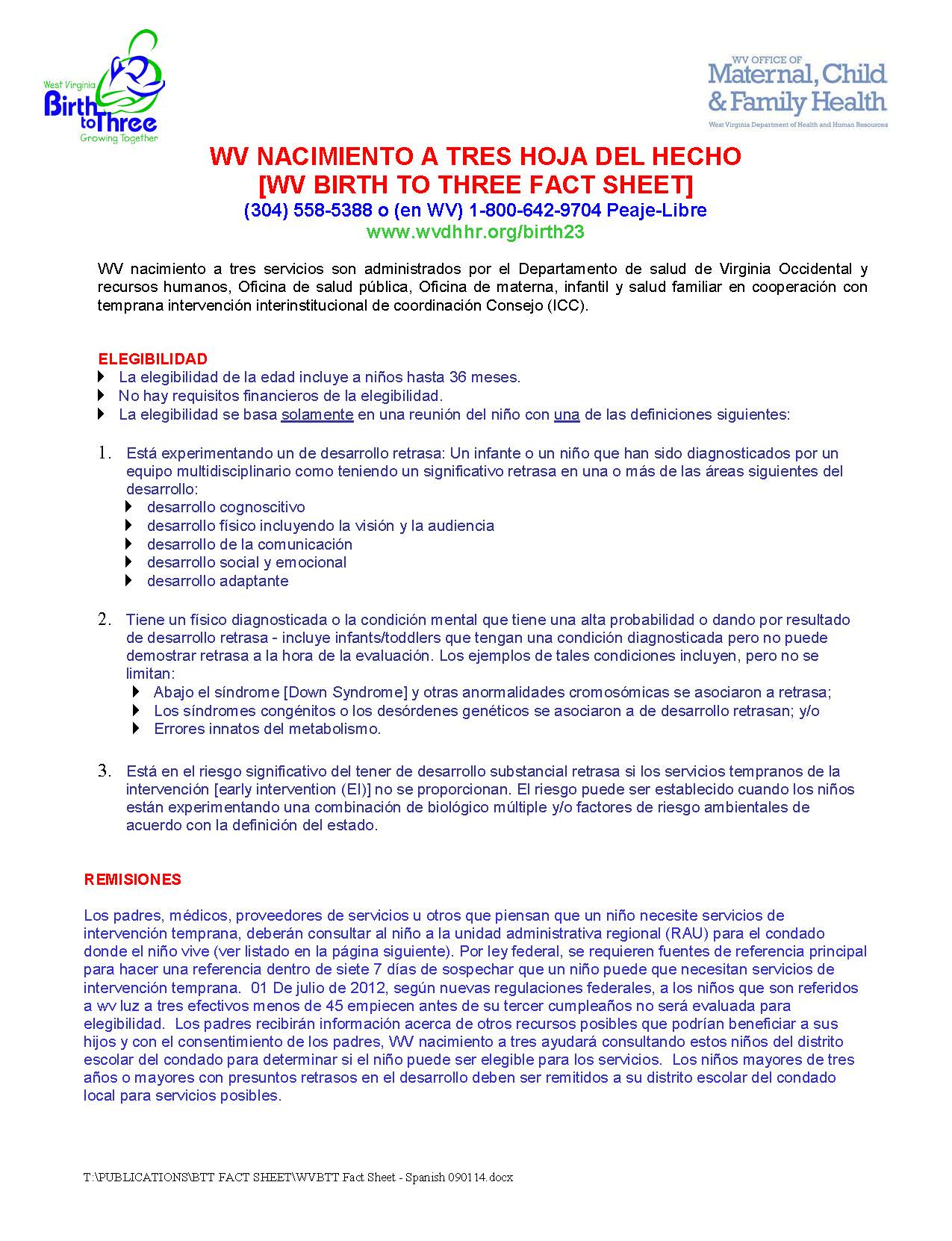 WV Birth to Three Fact Sheet in Spanish