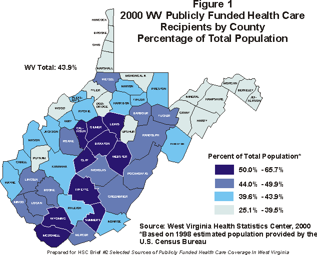Map of 2000 WV Publicly funded Health Care Recipients by County, Percentage of Total Population