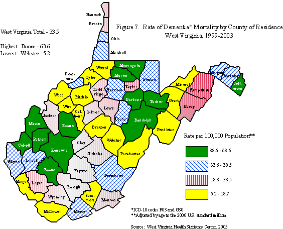 Rates of Dementia Mortality by County of Residence