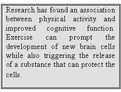 Text Box: Research has found an association between physical activity and improved cognitive function.  Exercise can prompt the development of new brain cells while also triggering the release of a substance that can protect the cells.