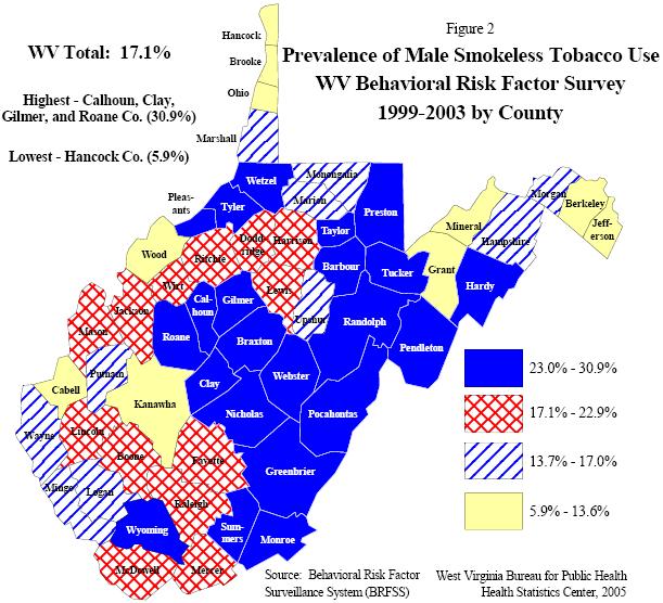 Figure 2-Prevalence of Male Smokeless Tobacco Use, WV Behavioral Risk Factors Survey, 1999-2003 by County
