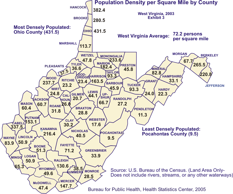 West Virginia Population Density Map - Updated Heat Map : What are the 