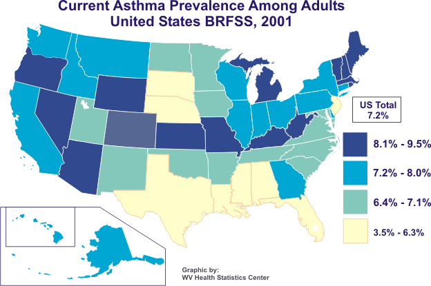 Map showing prevalance of asthma by state.