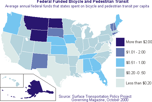 Map showing per capita spending of federal funds by state on bicycle and pedestrian transit.