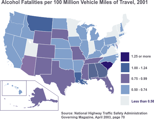 Map showing state rates for alcohol fatalities per 100,000 million vehicle miles of travel, 2001