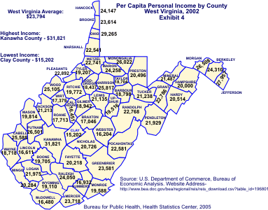 Map showing per capita income by county.