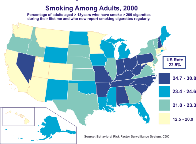 Map showing smoking prevalence among US adults by state.