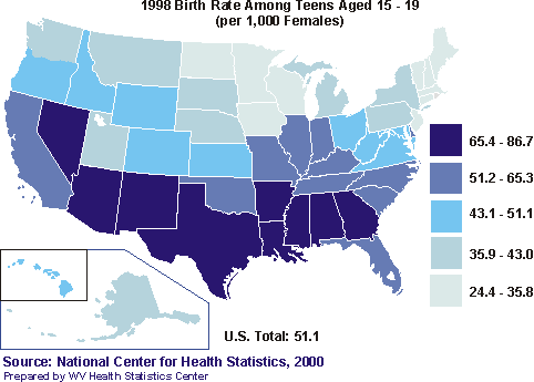 Map of U.S. showing teenage birth rates by state.