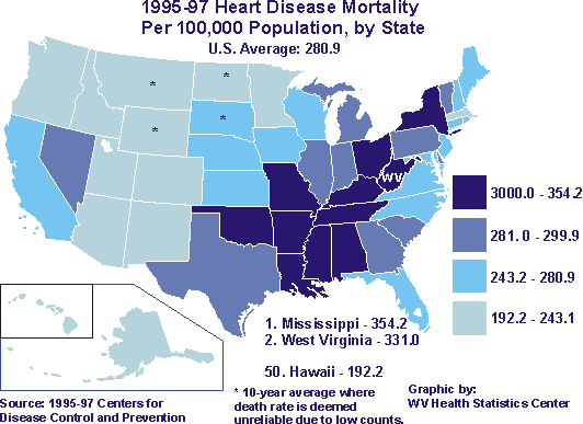 Map showing U.S. heard disease mortality by state.