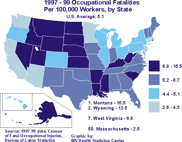 Map of U.S. showing occupational fatalities per 100,000 workers by state.