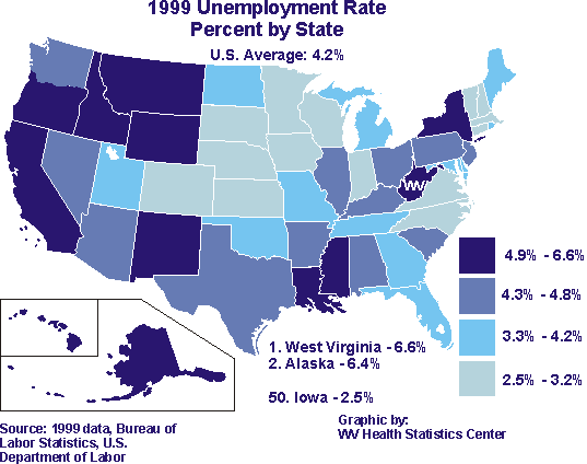 Map of U.S. unemployment rate by state for 1999.