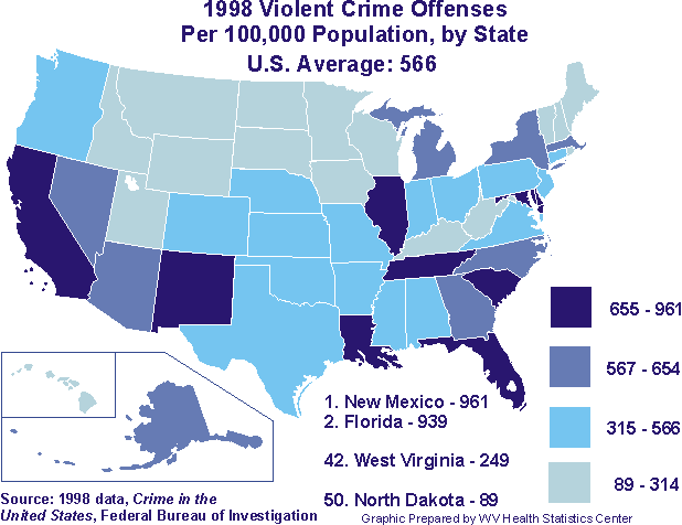 Map of U.S. showing violent crime rates by state.
