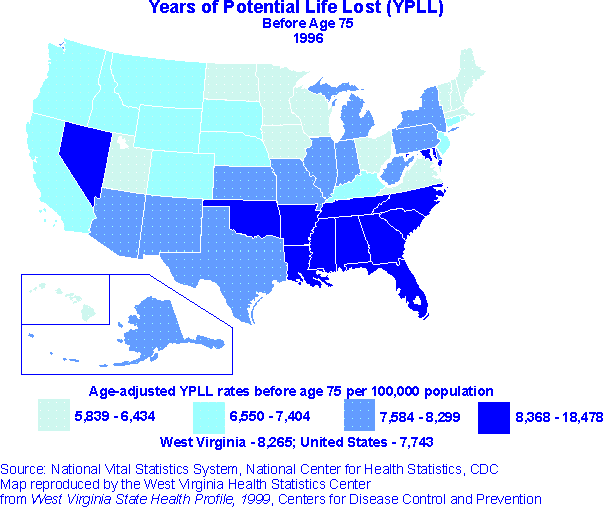 U.S. map showing YPLL rates for each state