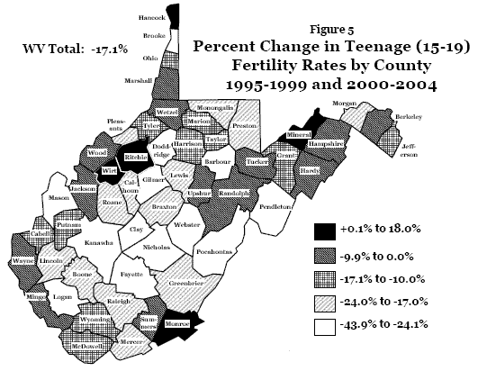 figure 5 - WV 1995-1999 and 2000-2004 teen fertility rates by county