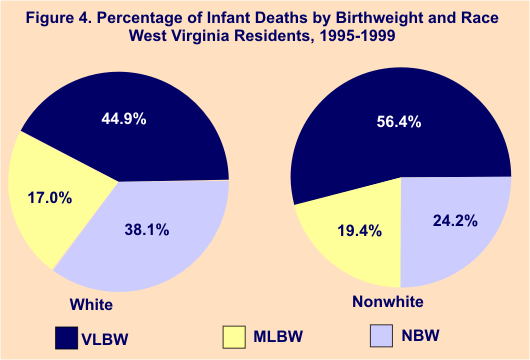pie graphs showing percentage of infant deaths by birthweight and race, West Virginia Residents, 195-1999