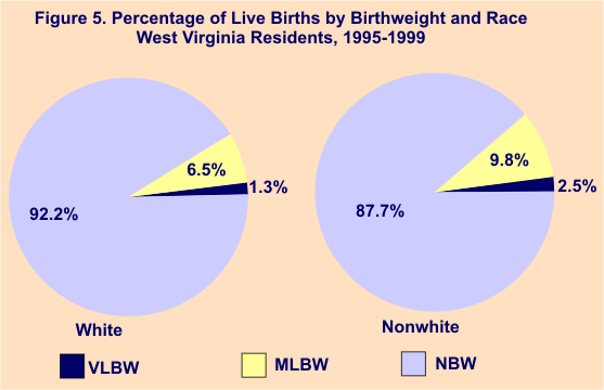 pie graphs showing percentage of live births by birthweight and race, West Virginia residents, 1995-1999