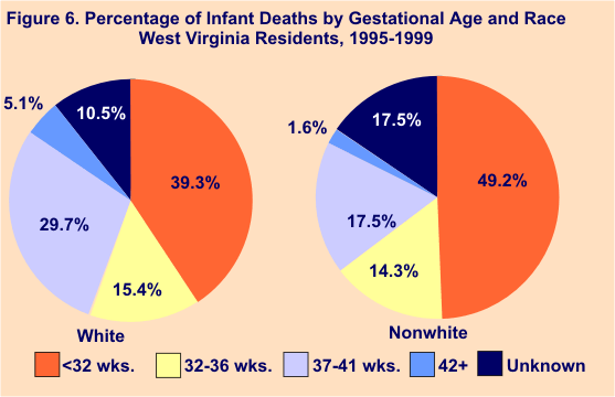 pie graphs showing percentage of infant deaths by gestational age and rece, West Virginia Residents, 1995-1999, white and nonwhite