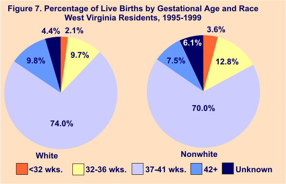 pie graphs showing precentage of live births by gestational age and race, West Virginia Residents, 1995-1999, white, nonwhite