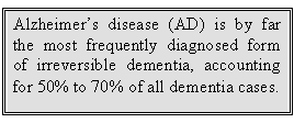 Text Box: Alzheimer’s disease (AD) is by far the most frequently diagnosed form of irreversible dementia, accounting for 50% to 70% of all dementia cases.