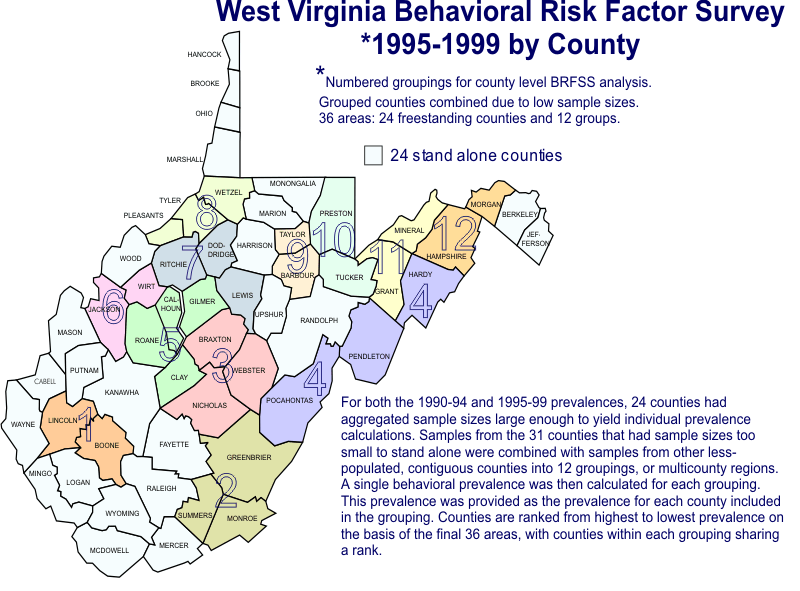 West Virginia map showing counties grouped for brfss data due to low individual county sample size.