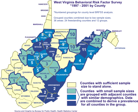 Map showing counties grouped for BRFSS analysis due to low numbers.
