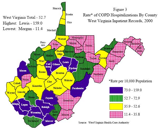 Figure 3-Rate of COPD Hospitalization by County-WV inpatient records 1996-2000