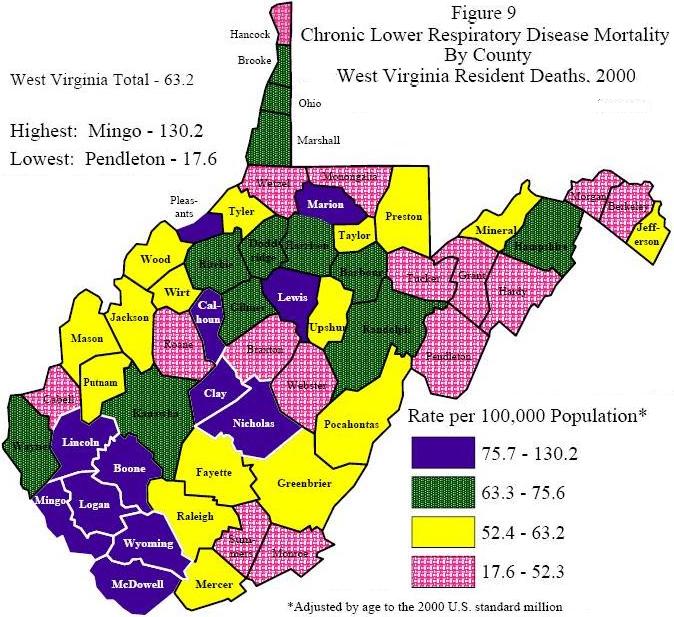 Figure 9-Chronic Lower Respiratory Disease Mortality by County-WV Resident Deaths, 2000