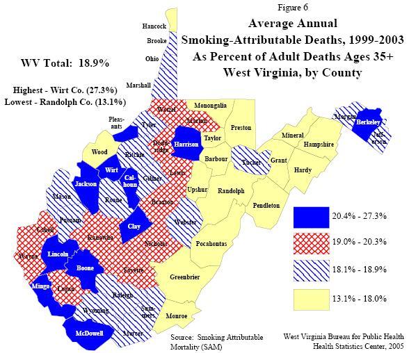 Figure 3d-Average Annual Smoking-Attributable Deaths, 1999-2003, As Percent of Adult Deaths Ages 35+, West Virginia, by County