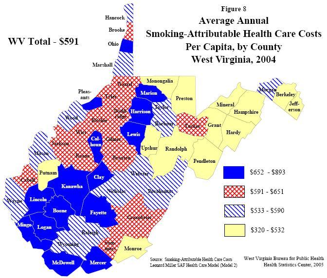 Figure 8-Average Annual Smoking-Attributable Health Care Costs Per Capita, by County West Virginia, 2004