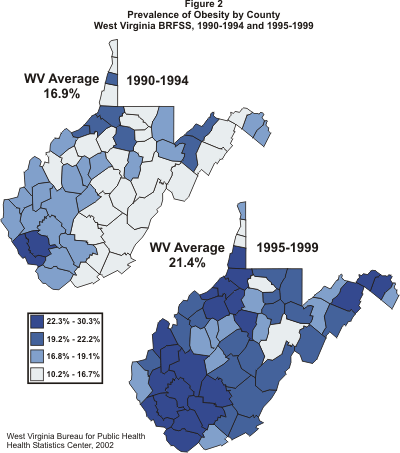 2 maps of West Virginia showing change in obesity rate by county between 1990-1994 and 1995-1999